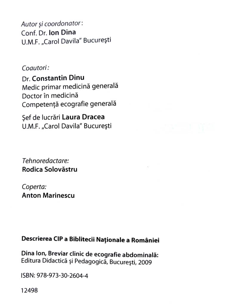 Contracoperta Breviar clinic de ecografie obstetricală, Editura Didactică și Pedagogică, 2009 - Doctor Dinu